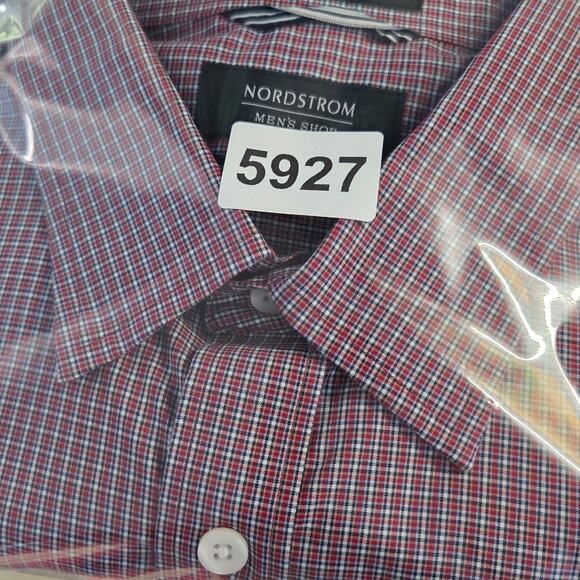 Nordstrom Mens Large Non Iron Trim Fit Long Sleeve Button Down Shirt Red Plaid - Picture 9 of 9
